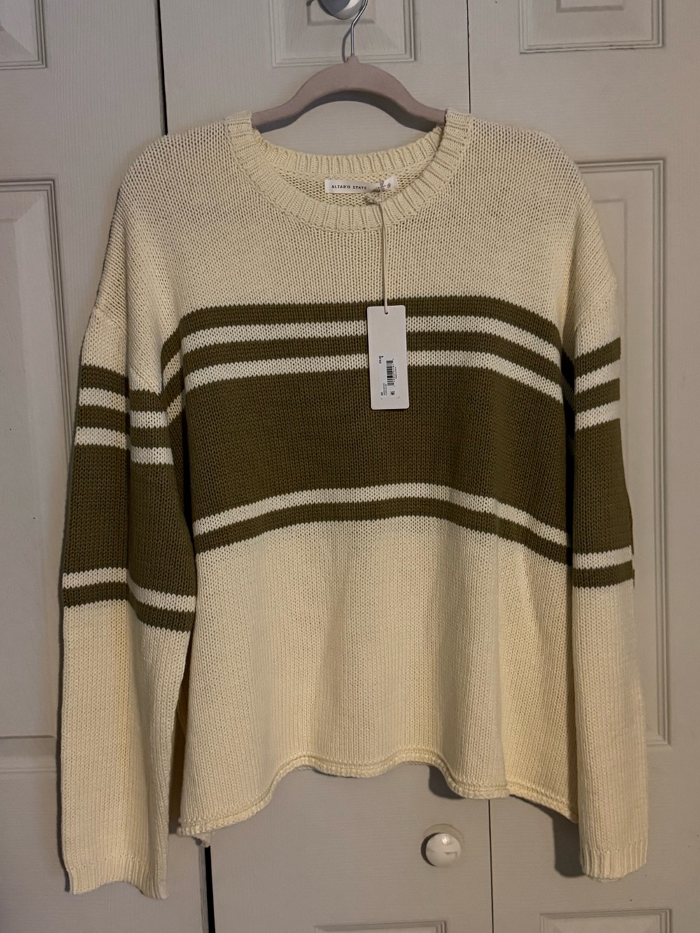 Altar’d State Nala Oversized Stripe Sweater Ivory & Olive Green Relaxed Cozy NEW - Picture 5 of 7